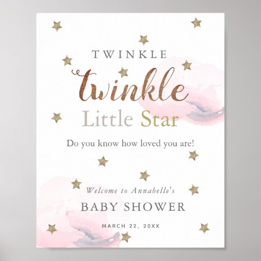 金ゴールドスター&ピンククラウドベビーシャワーウェルカム ポスター (正面)