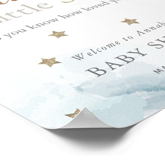 金ゴールドスター&ブルークラウドベビーシャワーウェルカム ポスター (角)