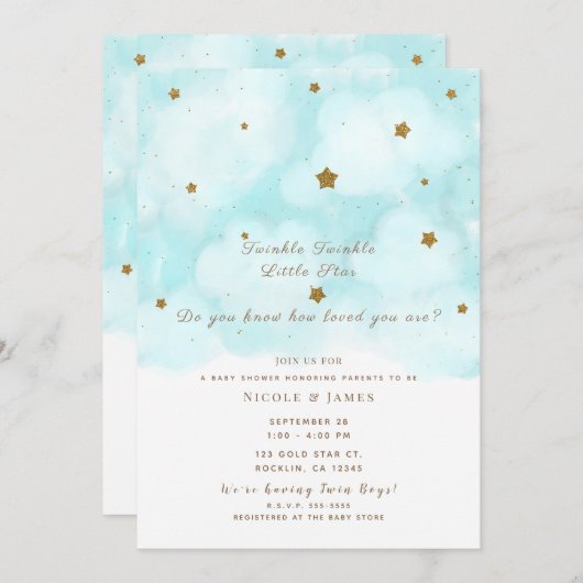 金ゴールドスター&ブルースカイクラウドベビーシャワーツイン 招待状 (正面/裏面)