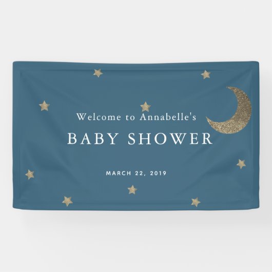 金ゴールドスター&ムーンネイビーブルーベビーシャワーバナー 横断幕 (横)