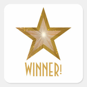 金ゴールドスター'WINNER!'正方形のステッカー白 スクエアシール