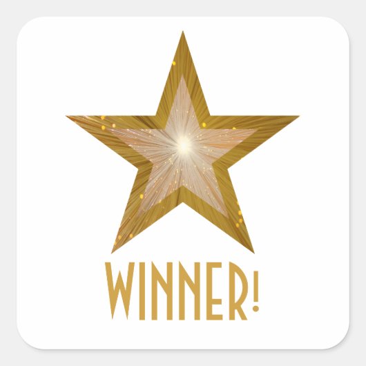 金ゴールドスター'WINNER!'正方形のステッカー白 スクエアシール (正面)