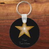 金ゴールドスター'Your Text'キーチェーンブラック キーホルダー (正面)