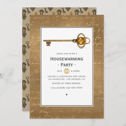 金ゴールドスチームパンク引っ越し祝いパーティーパーティー 招待状 (正面/裏面)