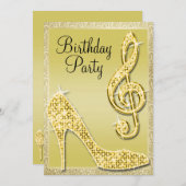 金ゴールドスティレット&トレブルクレフ、 音符記号誕生日招待状 招待状 (正面/裏面)