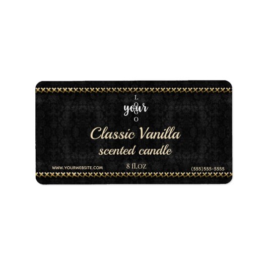 金ゴールドステッチ黒ダマスク香り付きキャンドルラベル ラベル (正面)