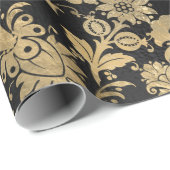 金ゴールドステンシルフラワーオンブラック ラッピングペーパー (ロールコーナー)