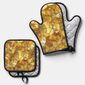 金ゴールドステンドグラスのモザイク模様 鍋つかみ&鍋敷きセット (正面/裏面)