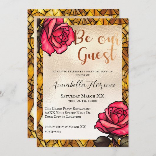 金ゴールドステンドグラスバラ美しいと獣 招待状 (正面/裏面)