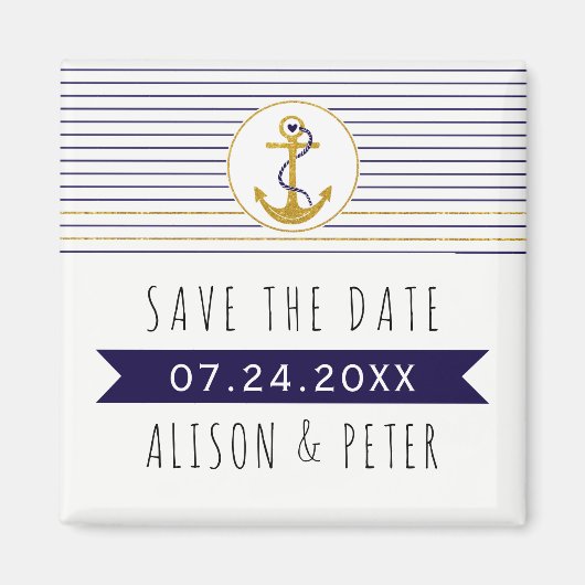 金ゴールドストライプいかり航海の結婚式日付の保存 マグネット (正面)