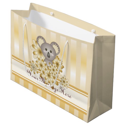 金ゴールドストライプかわいいコアラ子供の誕生日/ベビーシャワー ラージペーパーバッグ (正面アングル)