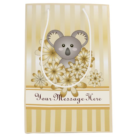 金ゴールドストライプかわいいコアラ赤ちゃんシャワー/子供の誕生日 ミディアムペーパーバッグ (正面)