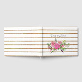 金ゴールドストライプとピンクの花結婚のゲストブック ゲストブック (全面)