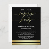 金ゴールドストライプとブラックのShh...サプライズパーティー インビテーションポストカード (正面/裏面)