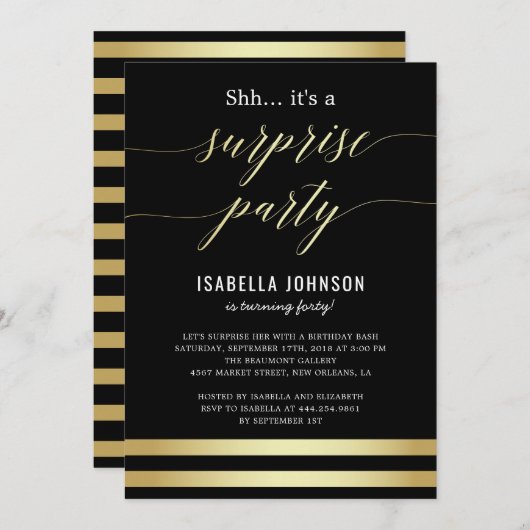 金ゴールドストライプとブラックのShh...サプライズパーティー 招待状 (正面/裏面)