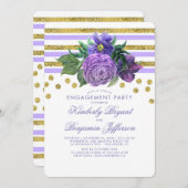 金ゴールドストライプと紫色の花婚約パーティ 招待状 (正面/裏面)