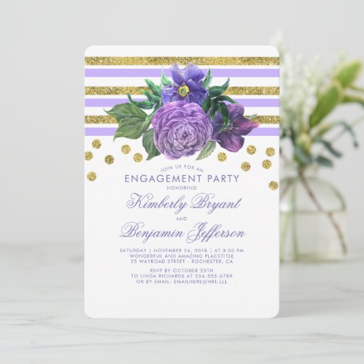 金ゴールドストライプと紫色の花婚約パーティ 招待状 (スタンド正面)