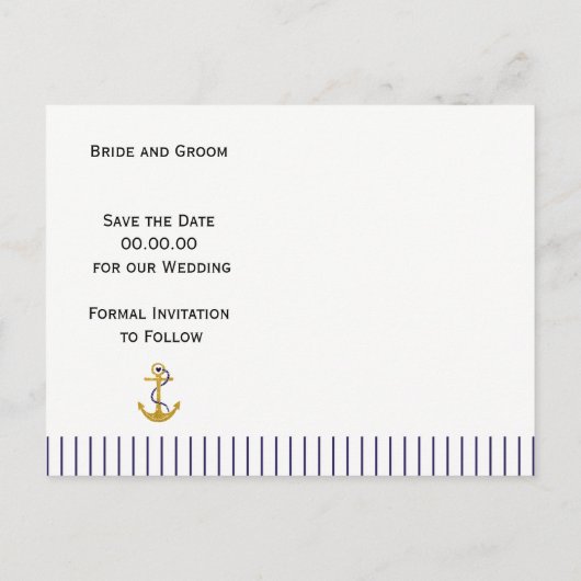 金ゴールドストライプのいかり航海の結婚式日付の保存 案内ポストカード (裏面)
