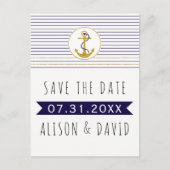 金ゴールドストライプのいかり航海の結婚式日付の保存 案内ポストカード (正面)