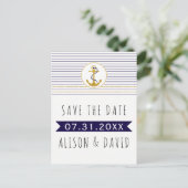 金ゴールドストライプのいかり航海の結婚式日付の保存 案内ポストカード (スタンド正面)