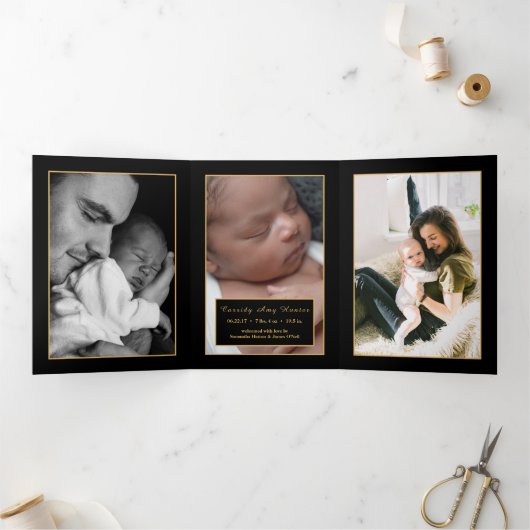 金ゴールドストライプのいかり、5フォトコラージュベビー誕生 三つ折り案内状 (内部)