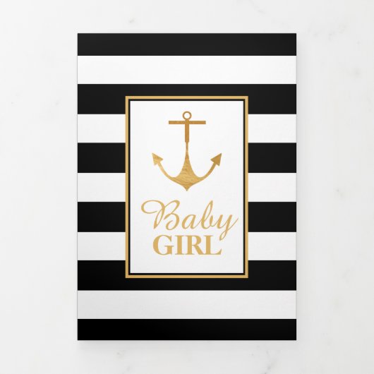 金ゴールドストライプのいかり、5フォトコラージュベビー誕生 三つ折り案内状 (カバー)