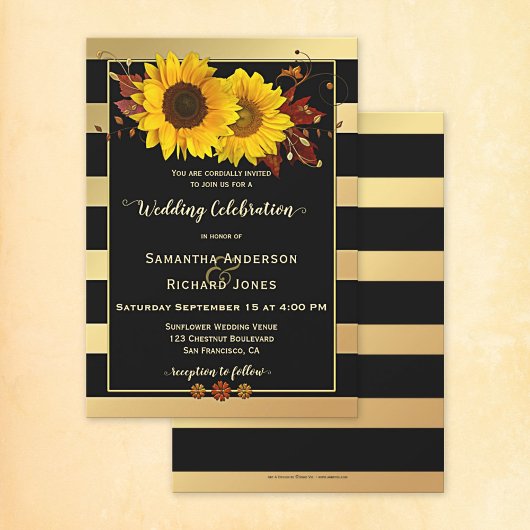 金ゴールドストライプのひまわり結婚式招待状 招待状