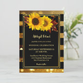 金ゴールドストライプのブラック結婚ヒマワリ 招待状 (スタンド正面)
