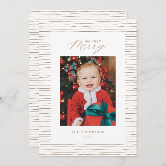 金ゴールドストライプの非常にメリー写真のクリスマスカード 招待状 (正面/裏面)