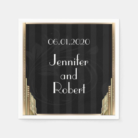 金ゴールドストライプアールデコ結婚ナプキン スタンダードカクテルナプキン (正面)