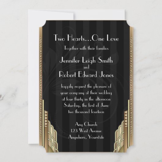 金ゴールドストライプアールデコ結婚式招待状 招待状 (正面)