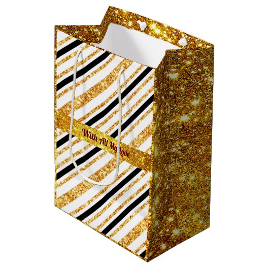 金ゴールドストライプグリッターブラックボホコレクシ人気があるョン ミディアムペーパーバッグ (正面アングル)