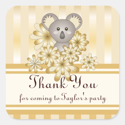 金ゴールドストライプコアラ赤ちゃんシャワー/子供の誕生日 スクエアシール (正面)