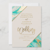 金ゴールドストライプタイポグラフィターコイズマーブ結婚ルズ 招待状 (正面)