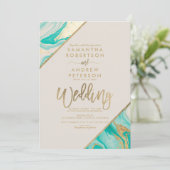 金ゴールドストライプタイポグラフィターコイズマーブ結婚ルズ 招待状 (スタンド正面)