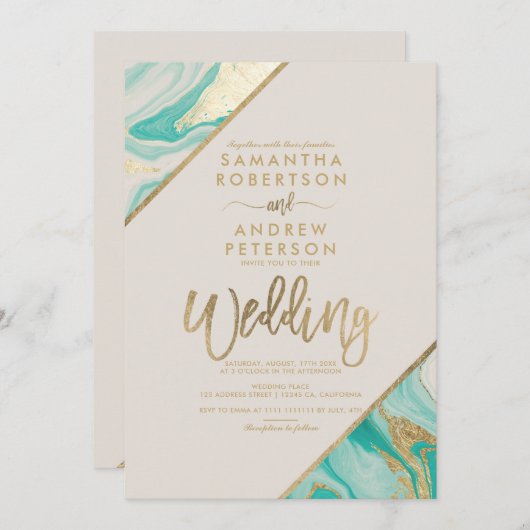 金ゴールドストライプタイポグラフィターコイズマーブ結婚ルズ 招待状 (正面/裏面)