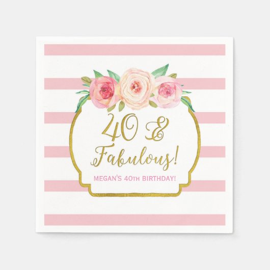 金ゴールドストライプピンクの花40と素晴らしい誕生日 スタンダードカクテルナプキン (正面)