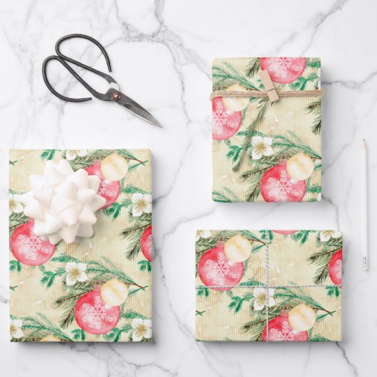 金ゴールドストライプピンククリスマスボール ラッピングペーパーシート (正面)