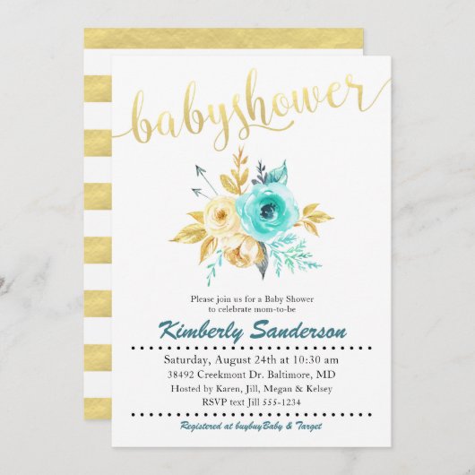 金ゴールドストライプフローラベビーシャワー招待状 招待状 (正面/裏面)