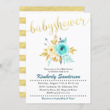 金ゴールドストライプフローラベビーシャワー招待状