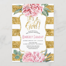 金ゴールドストライプフローラヴィンテージベビーシャワー 招待状