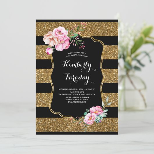 金ゴールドストライプフローラヴィンテージベビーシャワー 招待状 (スタンド正面)