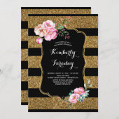 金ゴールドストライプフローラヴィンテージベビーシャワー 招待状 (正面/裏面)