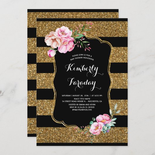 金ゴールドストライプフローラヴィンテージベビーシャワー 招待状 (正面/裏面)
