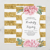 金ゴールドストライプフローラヴィンテージホワイトブライダルシャワー 招待状 (正面/裏面)