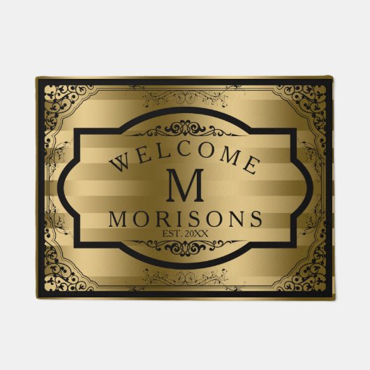 金ゴールドストライプブラックヴィンテージ旋回フレーム ドアマット (正面)