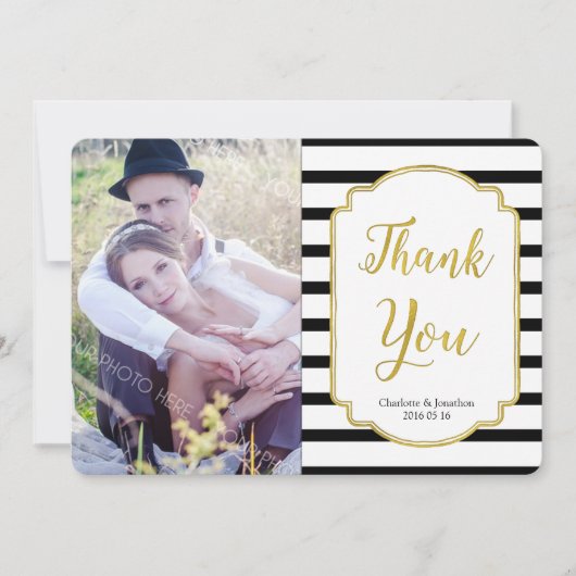 金ゴールドストライプブラック結婚ズThank You Photo Card サンキューカード (正面)