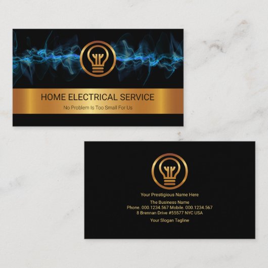 金ゴールドストライプブルー電気稲妻電気技師 名刺 (正面/裏面)