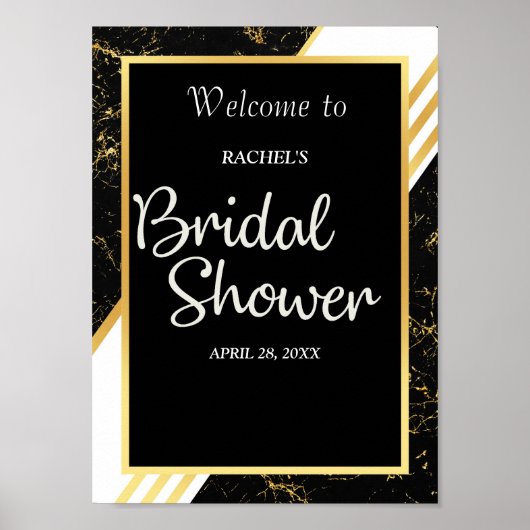 金ゴールドストライプマーブルタイポグラフィブラックブライダルシャワー ポスター (正面)
