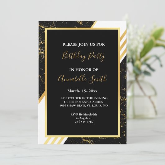 金ゴールドストライプマーブルタイポグラフィブラック誕生日 招待状 (スタンド正面)